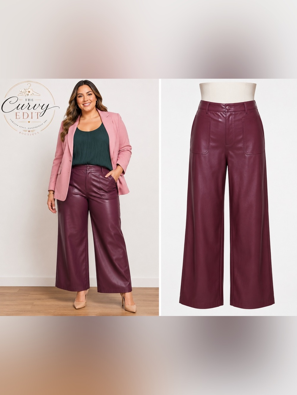 AVARA XL Plum Faux Leather Wide Leg Pants High Rise Trouser Vegan Leather Chic